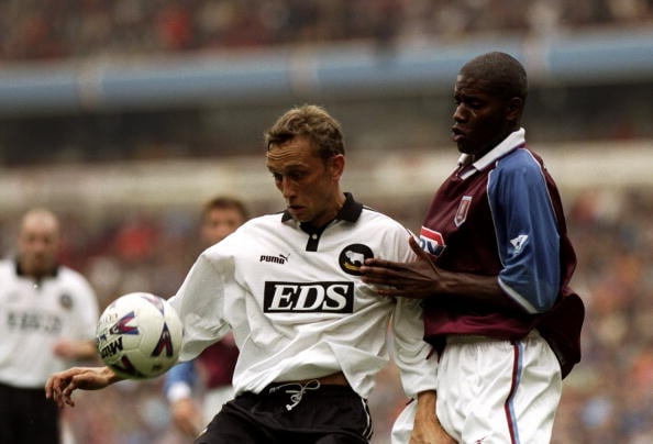 26 Sep 1998:  Lars Bohinen of Derby County is challenged by Ian Taylor  of Aston Villa during the FA Carling Premiership match at Villa Park in Bir...