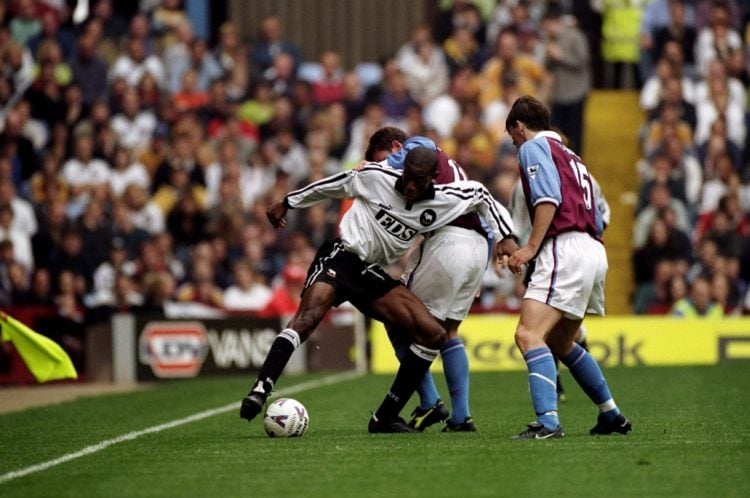 26 Sep 1998:  Paulo Wanchope of Derby County is challenged by the Villa defence of Aston Villa during the FA Carling Premiership match at Villa Par...