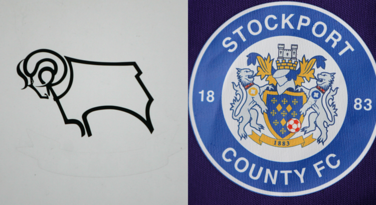 A composition of images featuring a Derby County and Stockport County badge.