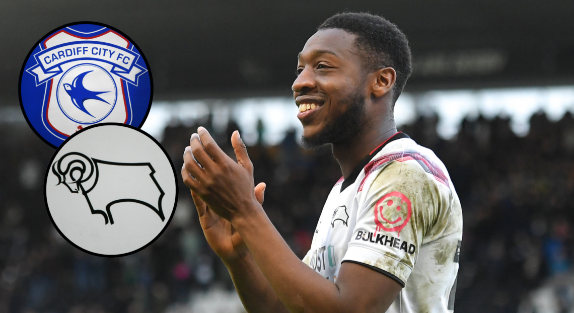 A composition of images featuring Ebou Adams, the Derby County badge and Cardiff City crest.