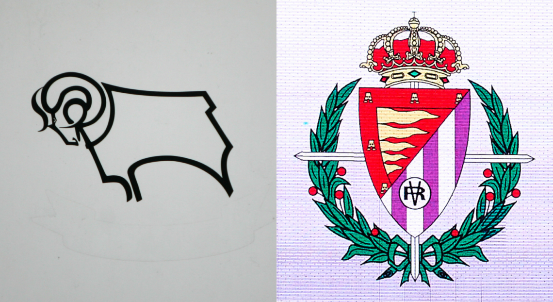 A composition of images featuring the Derby and Real Valladolid badges.