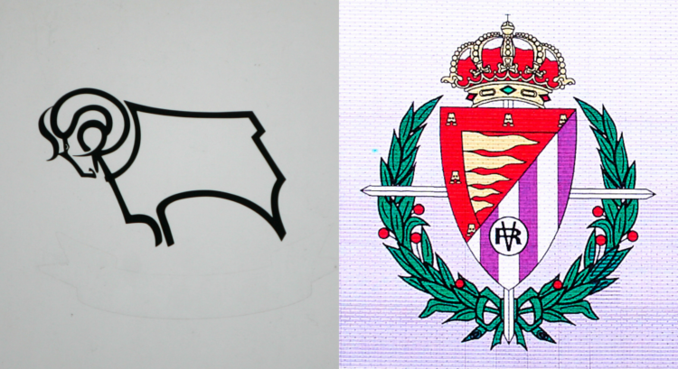 A composition of images featuring the Derby and Real Valladolid badges.