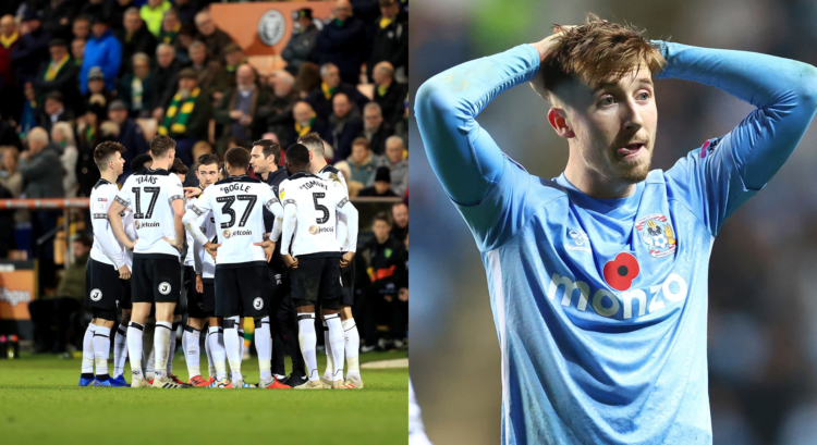 Derby County players huddle together, and Josh Eccles of Coventry City holds his head in his hands