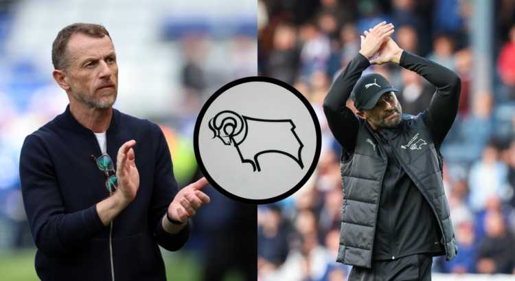 An image featuring Gary Rowett, Paul Warne and the Derby badge.